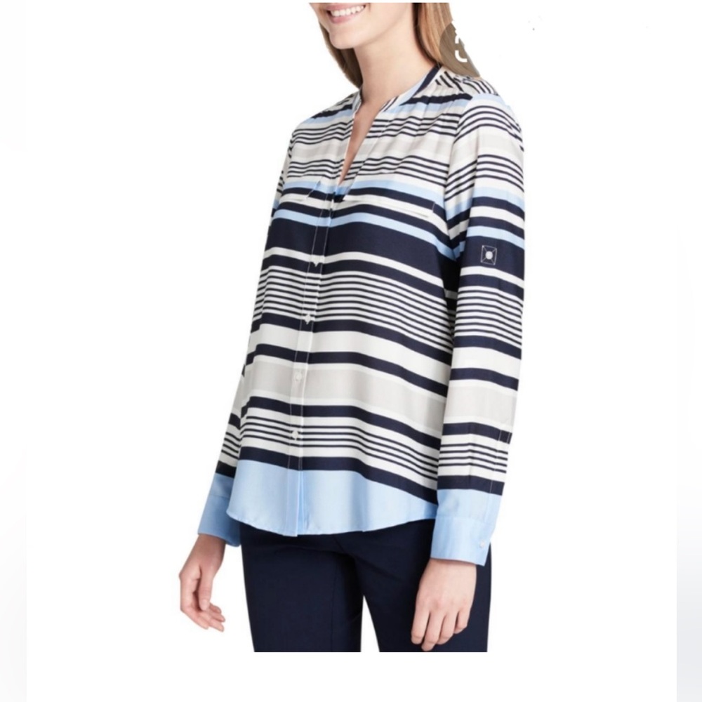 Calvin Klein Woman’s Striped Button Down Shirt, Blue/White Color, Size Large